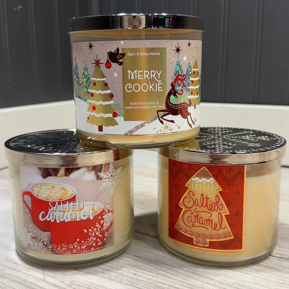 Lot 3 - Bath & Body Works Scented Candle 2 Salted Caramel 1 Merry Cookie 14.5oz - Picture 1 of 6